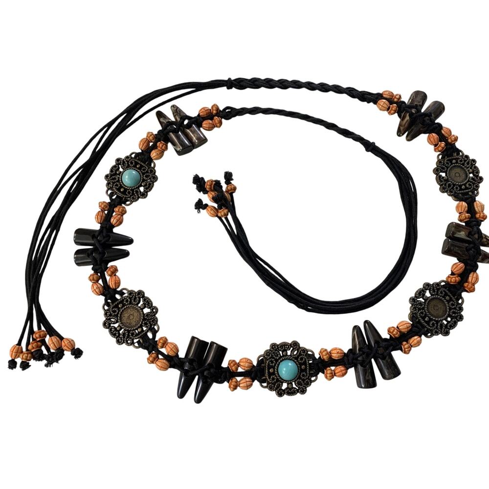 Bohemian Style Braided Rope Belt Turquoise Accented Metal Conchos Orange Beads